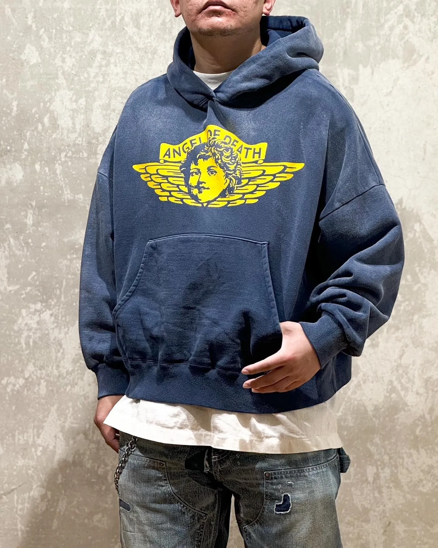 SAINT M×××××× ANGEL HOODIE/NAVY Angel Reborn Blue Hoodie Washed Blue S-XL Assute Garment Dyeing Full Clothes Water Fading Mud Dyeing Dirty Distress New Vintage Ceiling God Tailoring Original Super Loose Fit Customized Original Accessories God-level Print Restoration